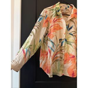 Chico’s No Iron Linen Roll Tab Sleeve Palm Print Shirt Size 2 (12/14)